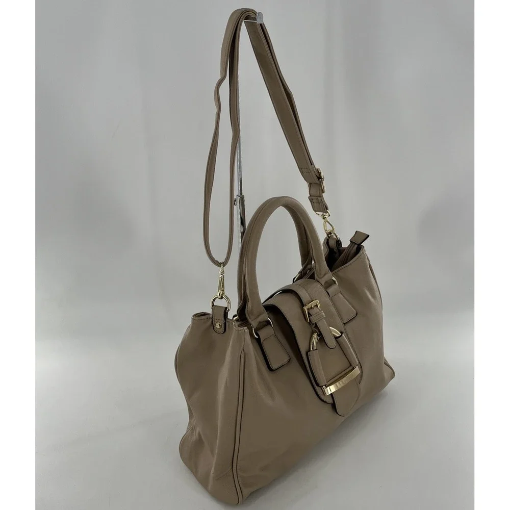 Large Charming Charlie Handbag Satchel Crossbody Tote Purse Tan Beige Taupe Gold